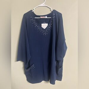 Quacker Factory Size 3X Navy Blue Gemstone V-neck Pocket Blouse Tunic New Cover